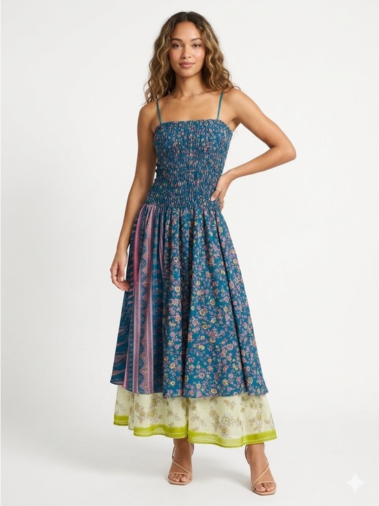Dresses & Skirts - Fairycore Boho Smocked Tiered Maxi Dress Mixed Floral Silk Teal OS